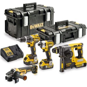 Набор DEWALT DCK422P3, 18 В: дрель DCD796 + шуруповерт DCF887 + УШМ DCG405 + перфоратор DCH273, с 3 АКБ 5 Ач и ЗУ, в 2 кейсах, арт. DCK422P3-QW