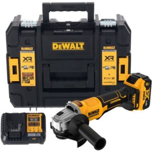 Аккумуляторная угловая шлифмашина DEWALT DCG408P1T, 18 В, 125 мм, 9000 об/мин, с АКБ 5 Ач и ЗУ, в кейсе TSTAK (DCG408P1NT-XJ), арт. DCG408P1NT-XJ