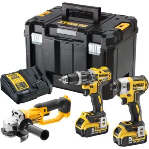 Аккумуляторный набор DEWALT DCK383P2T, 18 В: дрель-шуруповерт DCD796 + шуруповерт DCF887 + УШМ DCG412, с 2 АКБ 5 Ач и ЗУ, в кейсе TSTAK, арт. DCK383P2T-QW
