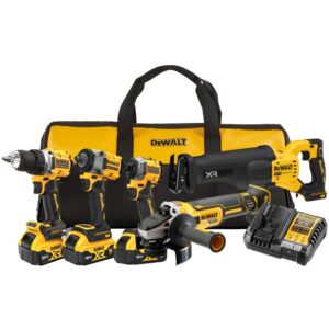 Аккумуляторный набор DEWALT DCK509P3, 18 В: дрель + шуруповерт + гайковерт + УШМ + сабельная пила, с 3 АКБ 5 Ач и ЗУ, в сумке, арт. DCK509P3-QW