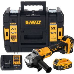 Аккумуляторная угловая шлифмашина DEWALT DCG407M2T, 18 В, 125 мм, 9000 об/мин, с 2 АКБ 4 Ач и ЗУ, в кейсе TSTAK (DCG407M2T-QW), арт. DCG407M2T-QW
